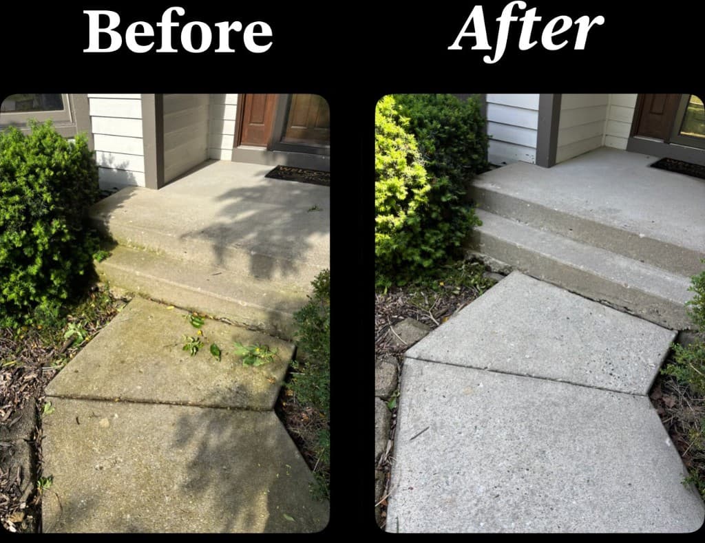 Before and after: walkway and steps pressure washed clean